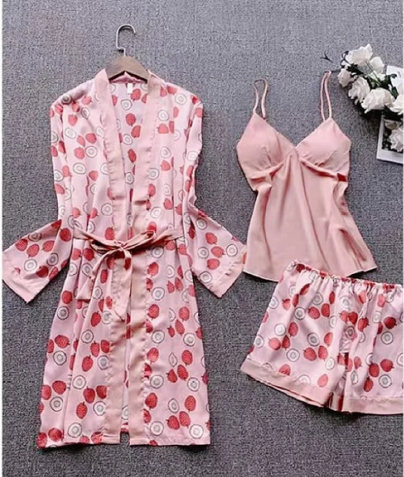 Polka Dot Printed Satin Sleepwear Set 3PC - 416