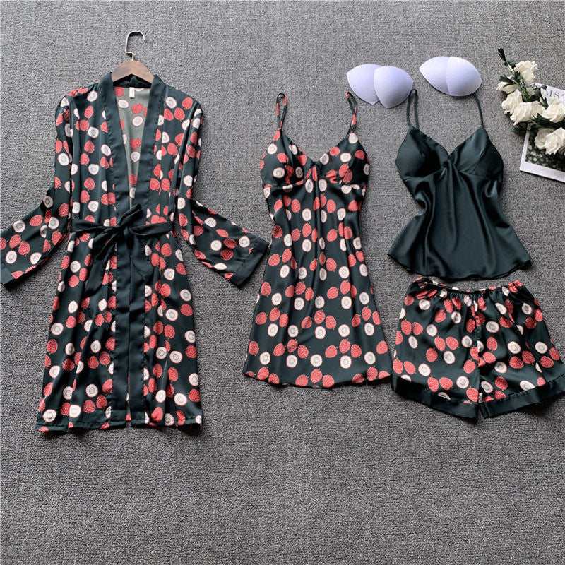 Polka Dot Printed Satin Sleepwear Set 3PC - 416