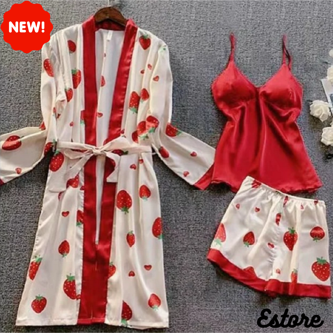 Polka Dot Printed Satin Sleepwear Set 3PC - 416