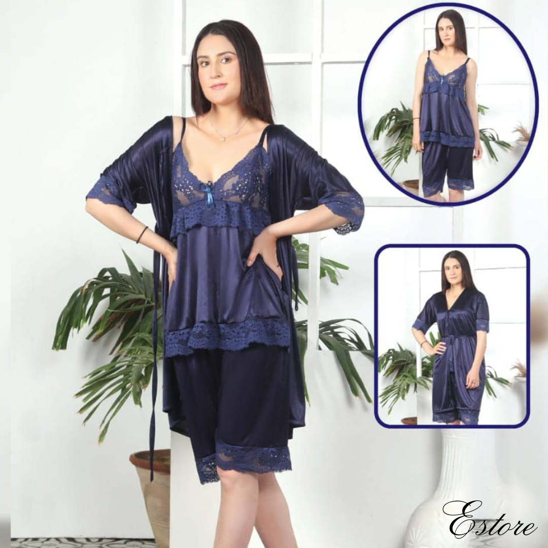 3PC Silk Short Night Dress - E100