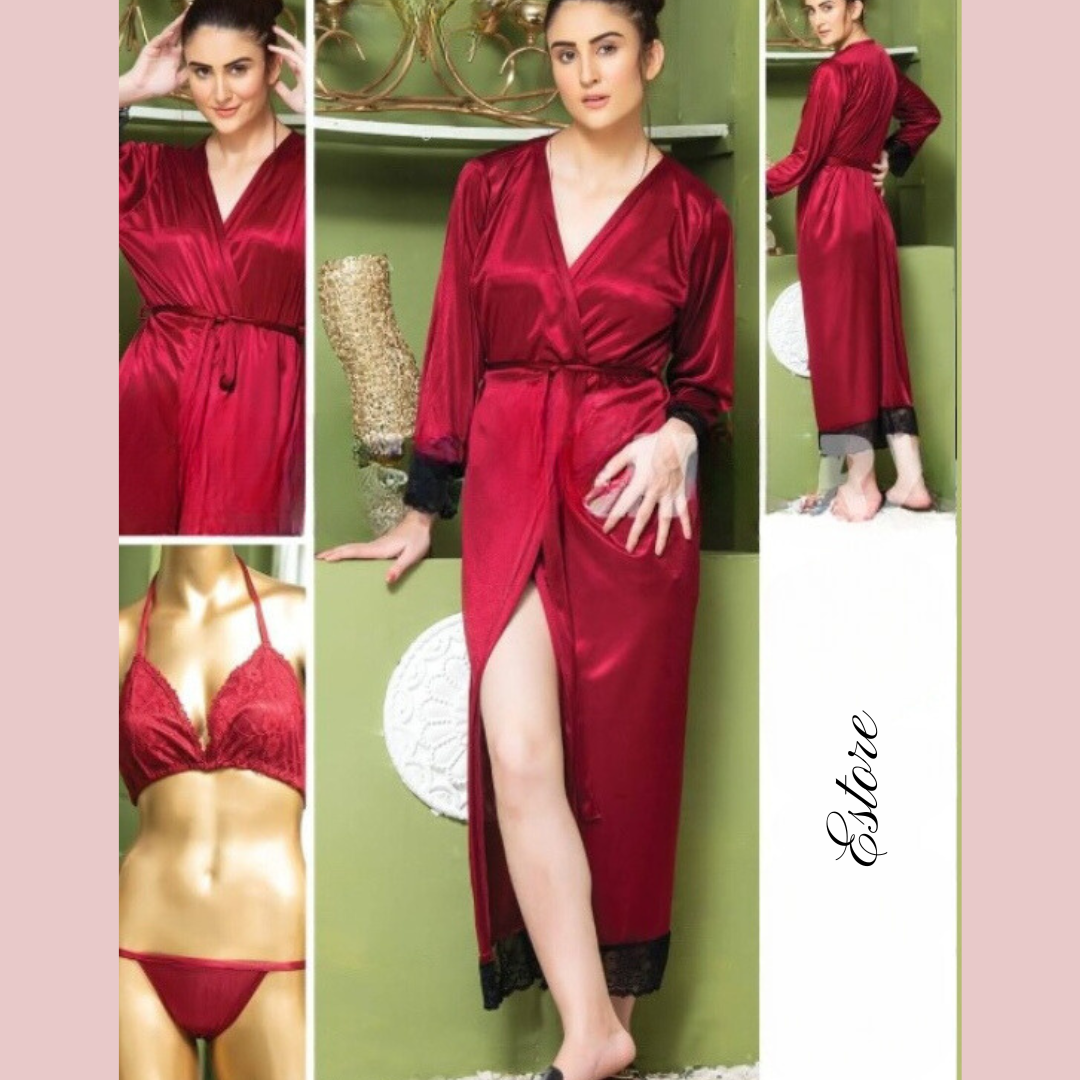 3PC Silk Long Night Dress - E102