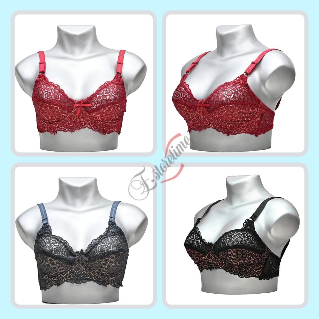 Floral lace cotton net bra