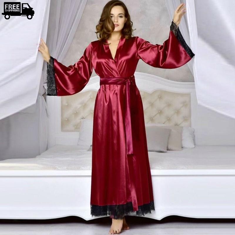 Satin Silk Long kimono Robe Night Gown with Lace